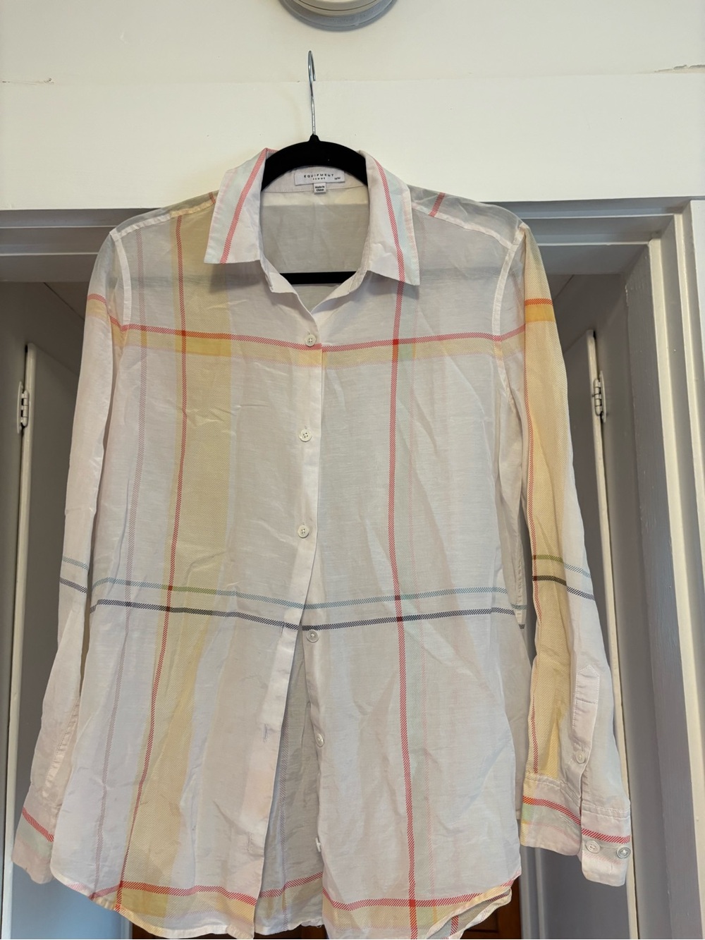 Equipment Pastel Plaid Button-Down Shirt - White with Pink, Yellow, Blue Stripes